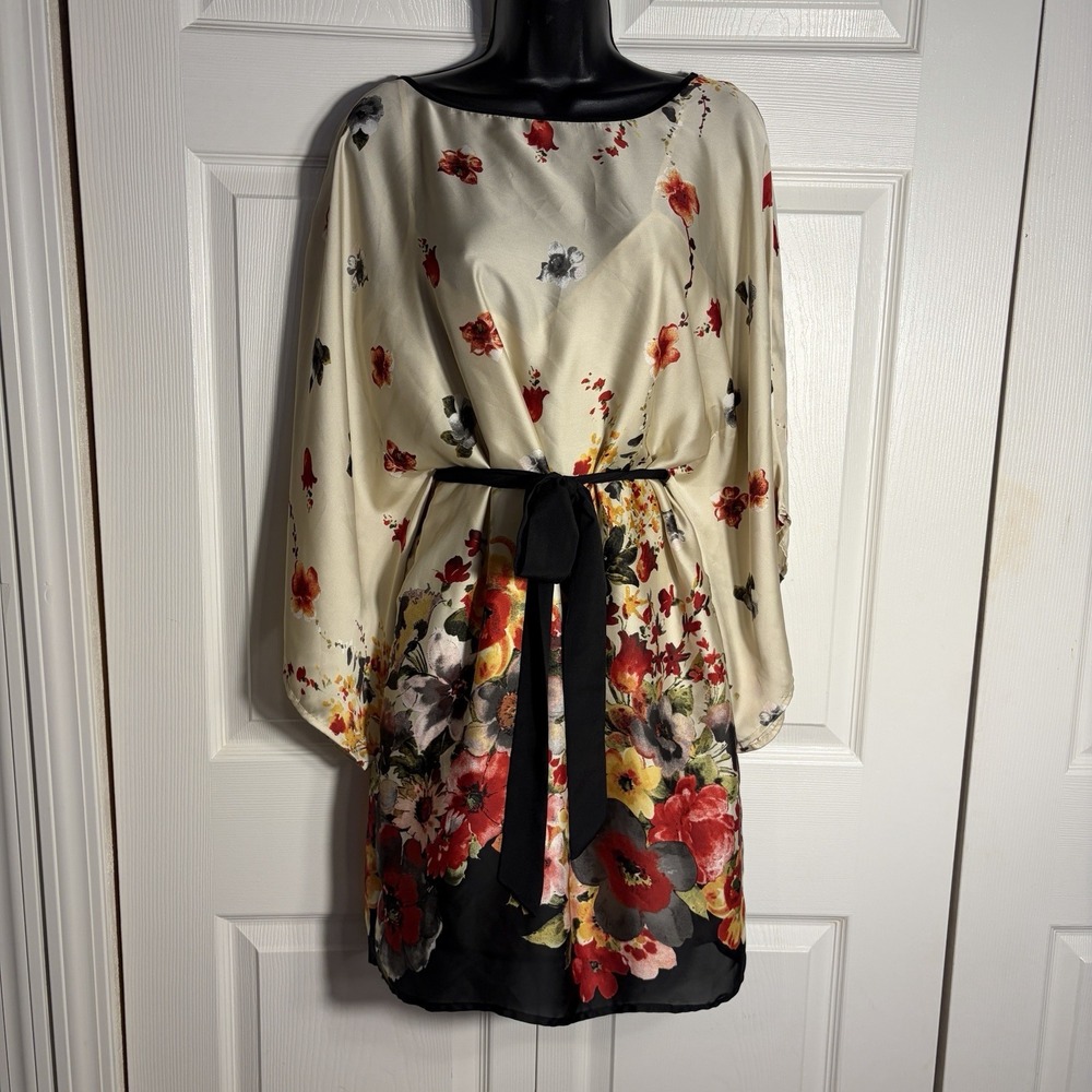 Vintage Allen B Satin Kimono Sleeve Dress Women 10 Beige Floral Belted Y2K Boho